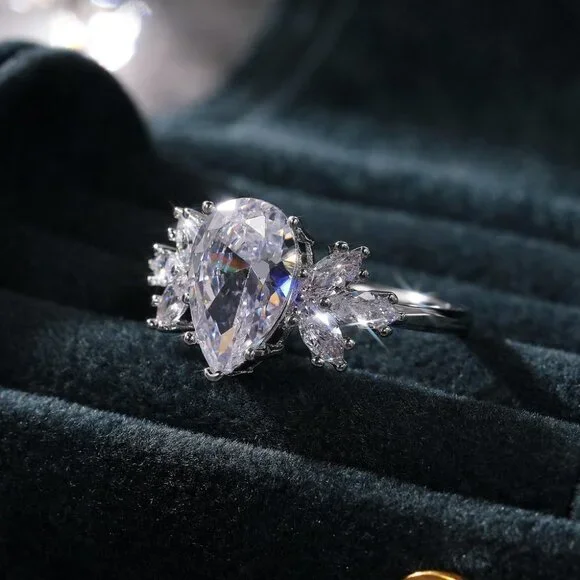 💥Beautiful Water Drop With Leaf Crystal Pure CZ Silver Pear Wedding Ring, K800 - Picture 2 of 7